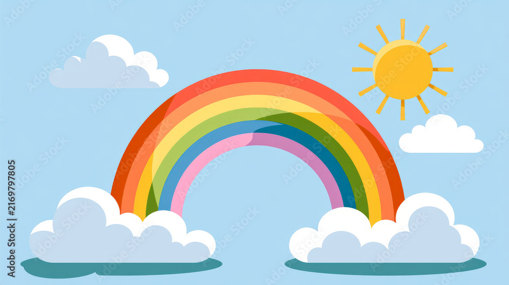 Fototapeta premium Vibrant rainbow arching across a clear blue sky with fluffy clouds and a shining sun illuminating the scene