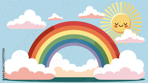 Vibrant rainbow shining brightly with the sun and fluffy clouds against a clear blue sky