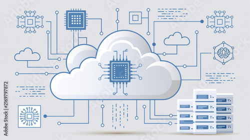 Modern technology artwork showcasing cloud computing with intricate data connections and circuit patterns