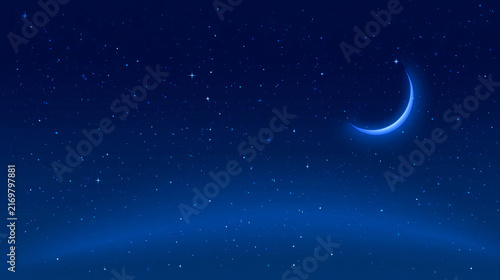 Calm night sky featuring a crescent moon surrounded by sparkling stars in a rich blue ambiance