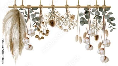 Stylish dried flower arrangement featuring cotton and eucalyptus suspended on a natural rope display for a chic decor touch