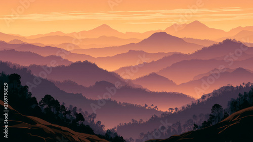 Tranquil sunset illuminating mountain peaks with rich color gradients and layered silhouettes in the sky