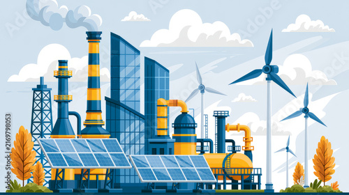 Contemporary industrial scenery featuring wind turbines and solar panels in an eco friendly energy environment