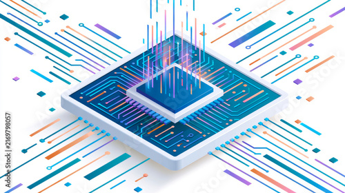 Creative depiction of a microchip surrounded by dynamic data streams in a futuristic digital landscape
