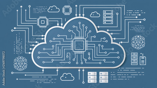 Innovative cloud computing concept featuring a circuit board design and data connections set against a vibrant blue backdrop