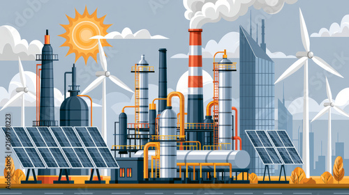 Contemporary urban skyline featuring renewable energy installations and an industrial landscape in the backdrop