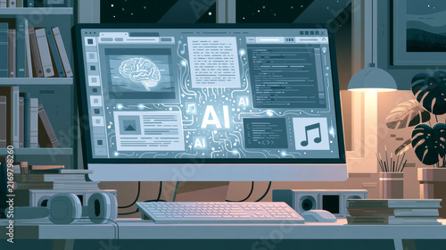 Contemporary home office featuring advanced technology on computer screen in a comfortable and inviting workspace