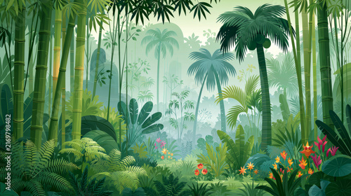 Vibrant tropical jungle filled with lush plants and dense greenery illuminated by gentle morning sunlight