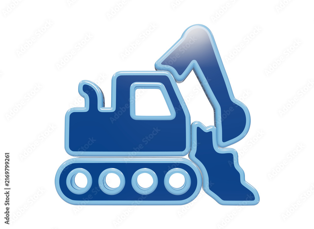 Naklejka premium 3D blue excavator construction vehicle icon with glossy finish and rounded edges for industrial safety and site signage isolated on a transparent background