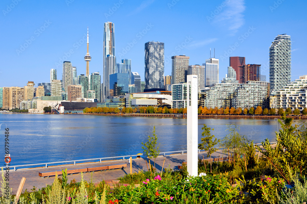 Obraz premium Toronto skyline photographed from Biidaasige Park at sunrise with garden in foreground 