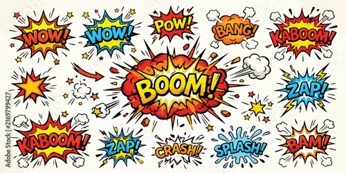 Foto Comic book boom explosion sound effect speech bubble vector illustration collect