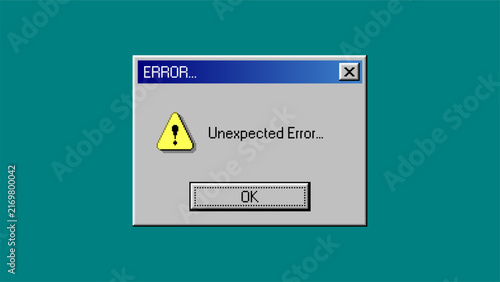 Obraz na płótnie Retro computer error dialog with warning icon and unexpected error message. Vintage window system interface vector for software failure concept and technology nostalgia.