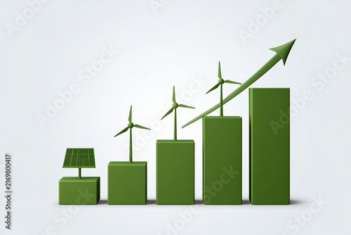 Rising green bar chart with wind turbines and solar panel icons