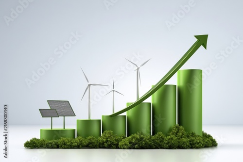 Vibrant green bar chart with upward arrow and renewable energy elements on foliage base
