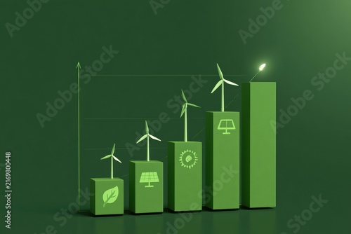Bar graph showing growth with renewable energy icons on green background