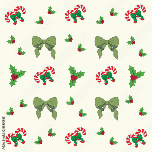 Seamless pattern with Christmas candy canes, green bows and holly leaves, festive winter holiday vector background