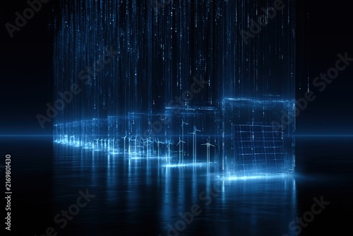 Abstract arrangement of glowing blue data streams depicting solar panels and wind turbines on reflective dark surface