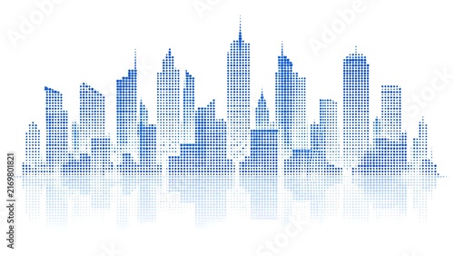 Abstract blue halftone dot matrix city skyline illustration with reflection isolated on white background for modern architectural graphic design