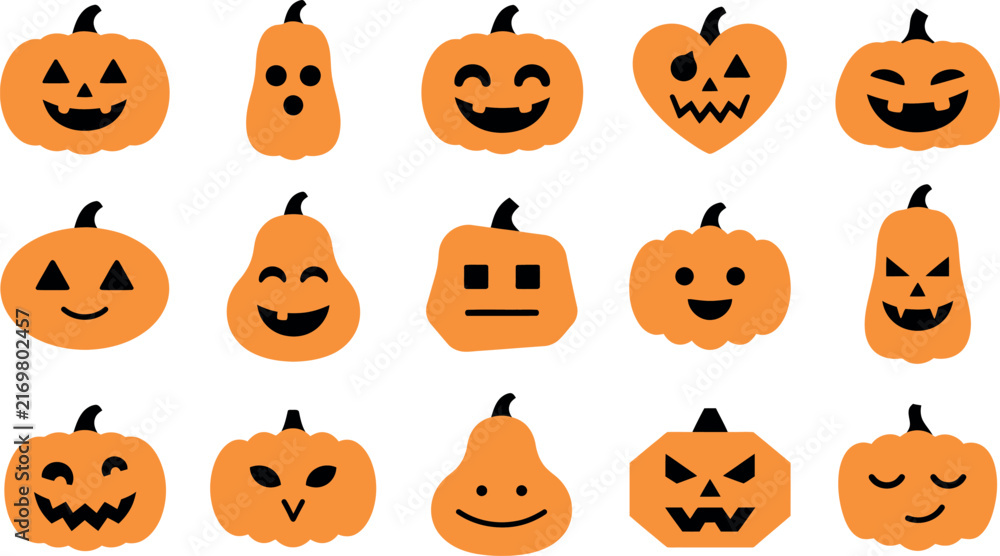Obraz premium Halloween jack-o-lantern icons set, 15 orange pumpkin faces in EPS format, spooky autumn holiday character collection for festive decor