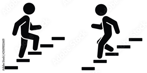 Man walking stairs icon with directional steps symbolizing upward progress, downward movement, exercise, mobility, climbing, and personal development