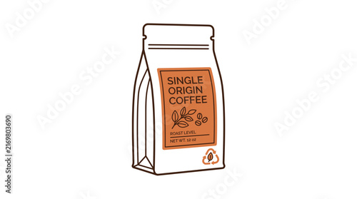 Minimalist line art illustration of a single origin coffee bag package isolated on a clean white background
