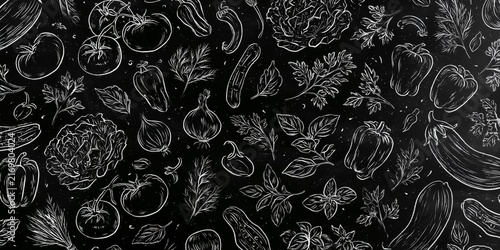 White chalk-style illustrations of fresh vegetables and herbs on a black background, creating a rustic, hand-drawn pattern with vibrant contrast and organic charm.