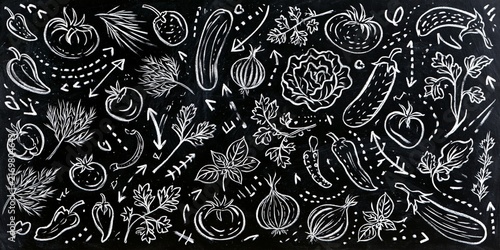 White chalk-style illustrations of fresh vegetables and herbs on a black background, featuring tomatoes, zucchinis, peppers, garlic, basil, and arrows, creating a vibrant, hand-drawn garden theme.