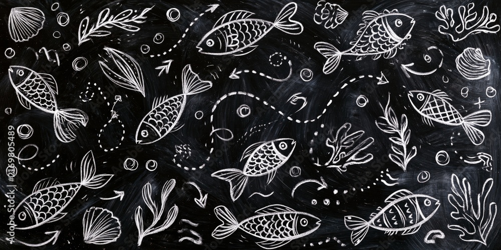 Fototapeta premium Whimsical chalkboard-style underwater scene with hand-drawn fish, seaweed, shells, and bubbles in white on black, evoking playful marine life.