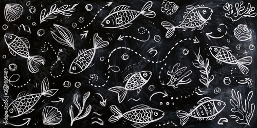 Whimsical chalkboard-style underwater scene with hand-drawn fish, seaweed, shells, and bubbles in white on black, evoking playful marine life.