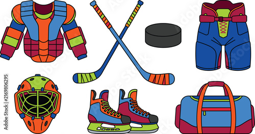 Canvas Print Ice hockey protective gear vector icons collection with crossed sticks puck goal