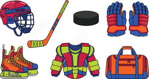Photography Ice hockey sport equipment vector icons collection with helmet stick puck gloves