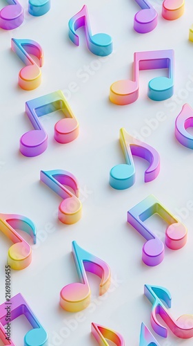Colorful 3D musical notes with rainbow gradients scattered on a clean white background, creating a cheerful pattern.