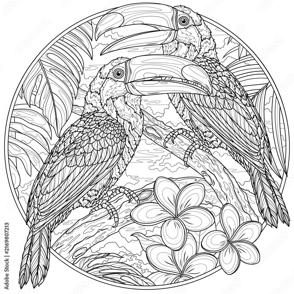 Naklejka premium Two toucans in the jungle in round frame.Coloring book antistress for children and adults.