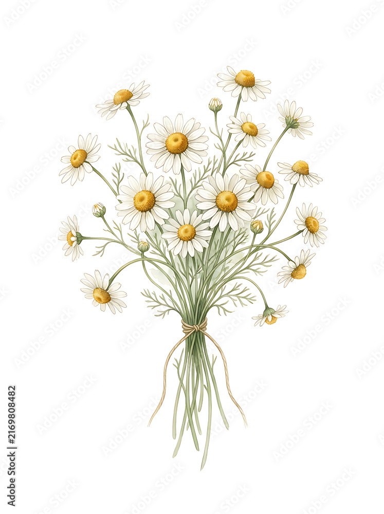 Fototapeta premium Delicate Watercolor Chamomile Flower Bouquet Tied with Rustic Twine on White Background for Natural Design Elements