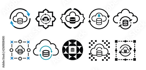 Minimal geometric outline vector icon showing a cloud with a small database cylinder and circular synchronization arrows, representing automated cloud backup.