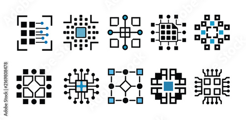 Minimal geometric outline vector icon showing small data blocks entering an AI processing box and emerging as organized output nodes, representing automated data processing.