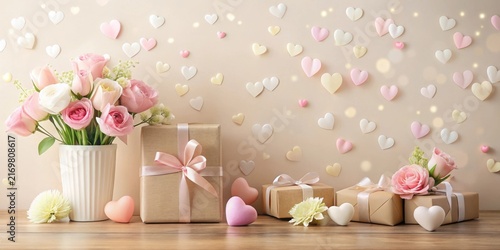 A romantic arrangement of pastel pink roses, elegant gifts, and delicate hearts against a soft beige backdrop.