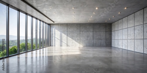 Spacious Modern Room with Floor-to-Ceiling Windows and Concrete Walls Offering Scenic Views