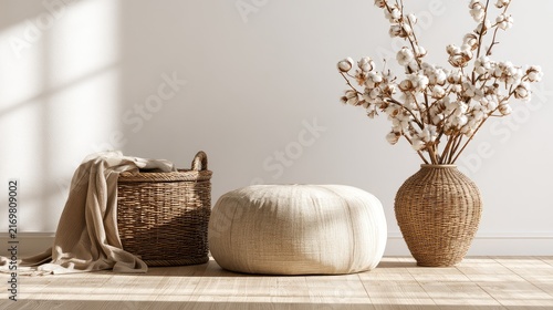 Wicker basket, pouf and vase with cotton flowers near white wall in interior of living room, Generative Ai