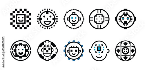 Minimal geometric outline vector icon of a friendly AI robot head with a small central automation circuit symbol, representing artificial intelligence automation.