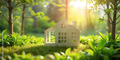 A miniature house nestled amidst vibrant green foliage, bathed in the warm glow of sunlight, symbolizing eco-friendly sustainable living and the harmony between nature and residential architecture.