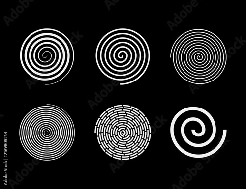 Collection of Six White Spiral Icons and Concentric Swirl Patterns on Black Background.