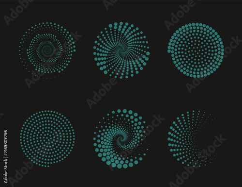 Abstract Teal Dot Spiral Halftone Circles Set Geometric Hypnotic Patterns And Retro Optical Design.