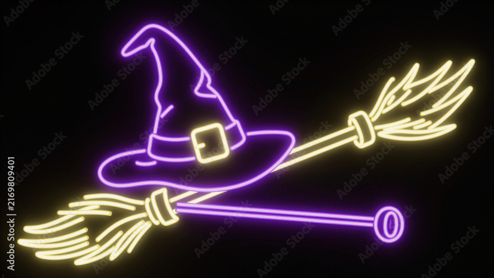 Fototapeta premium Neon witch hat with crossed magic brooms glowing sign for Halloween night party background