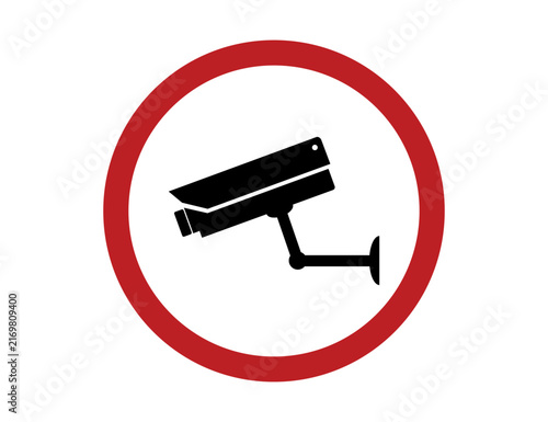Red Circle CCTV Surveillance Camera Icon Sign Security Monitoring, Video Recording and Property Protection Symbol.