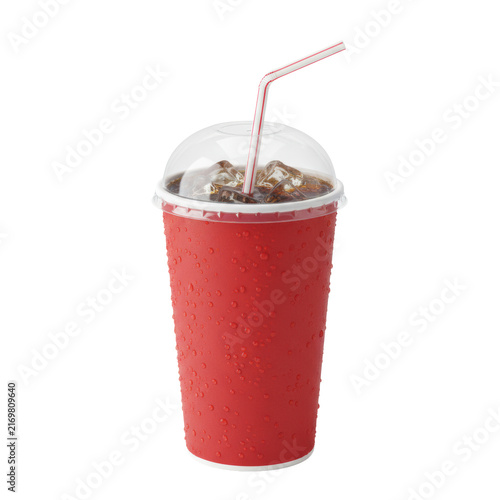 A large red matte paper soda cup with condensation, white domed lid, dark amber cola, ice cubes, and striped straw, isolated on a transparent background. Product advertising concept