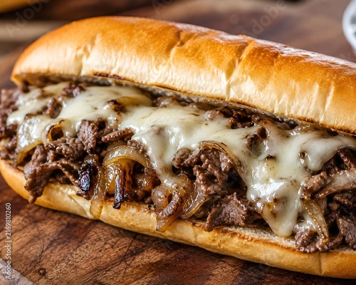 Philly cheesesteak sandwich with melted cheese and beef on wooden cutting board