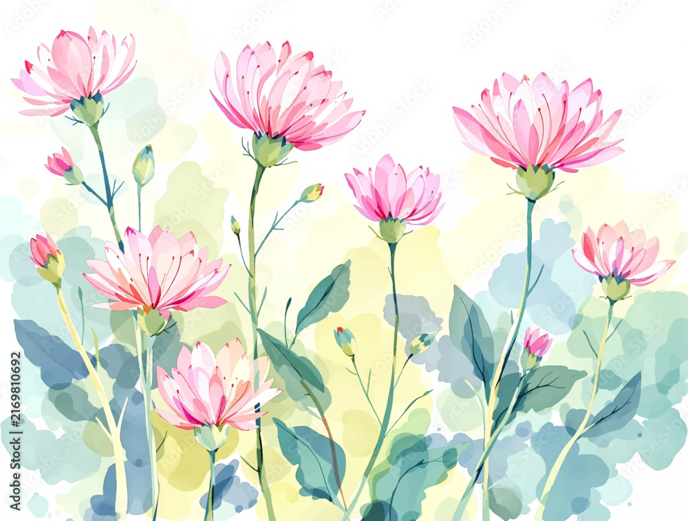 Fototapeta premium Charming Pink Blue Purple Watercolor Flower Seamless Background For Wallpaper Design
