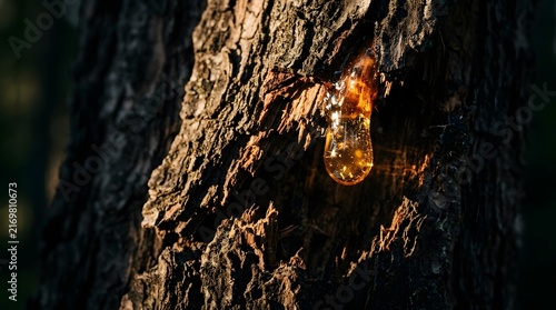 Translucent tree sap oozing from rough dark pine bark catching the sunlight highlighting natural raw materials and forest ecosystem details