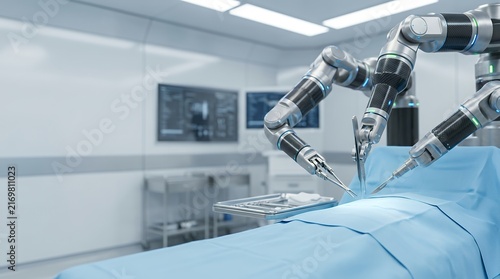 Robotic surgical arms performing precision medical procedure in a modern sterile operating room.